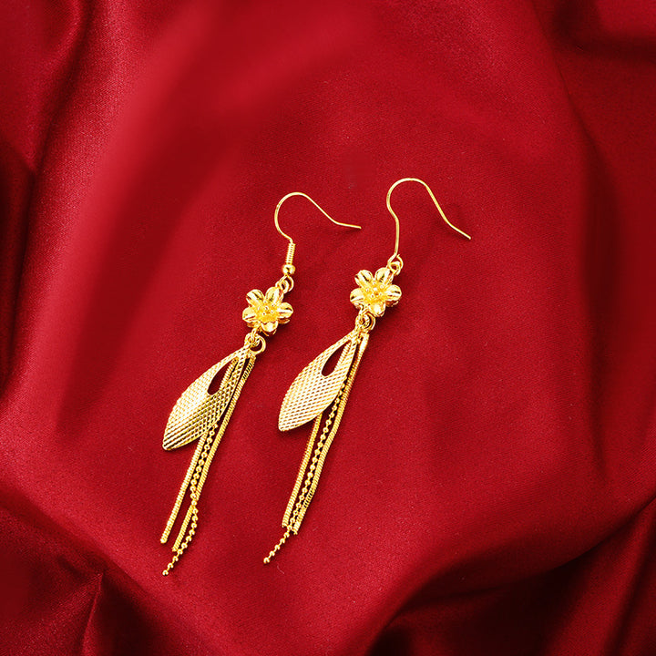 Fashion 14k gold elegant long tassel earrings womans leaf shape Jewelry