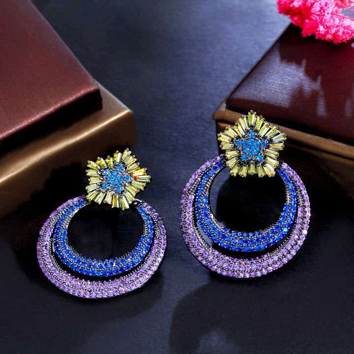 Double round drop micro inlay blue purple cubic zircon crystal earring jewelry