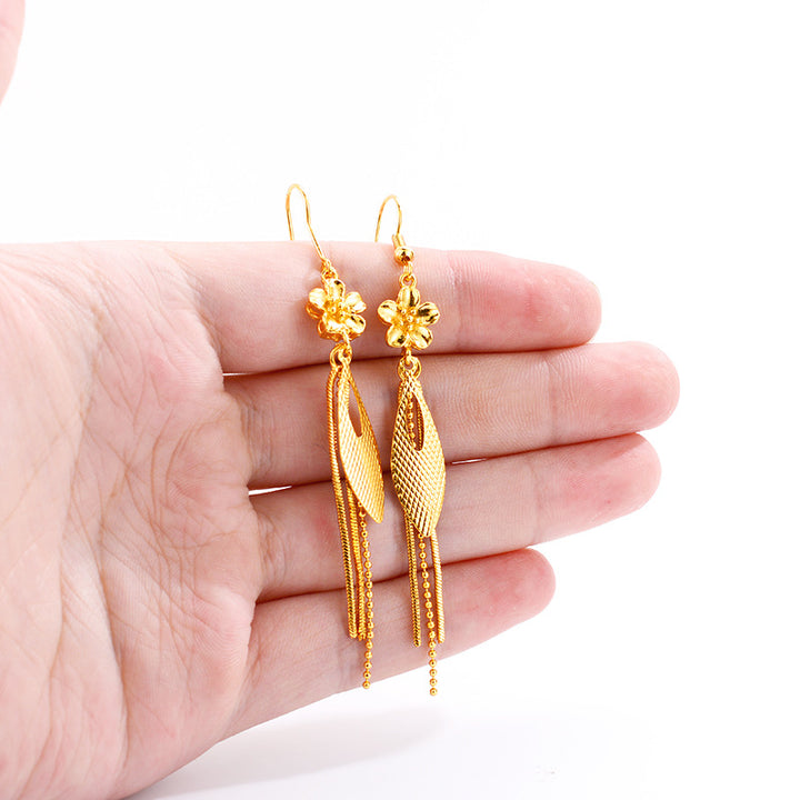 Fashion 14k gold elegant long tassel earrings womans leaf shape Jewelry