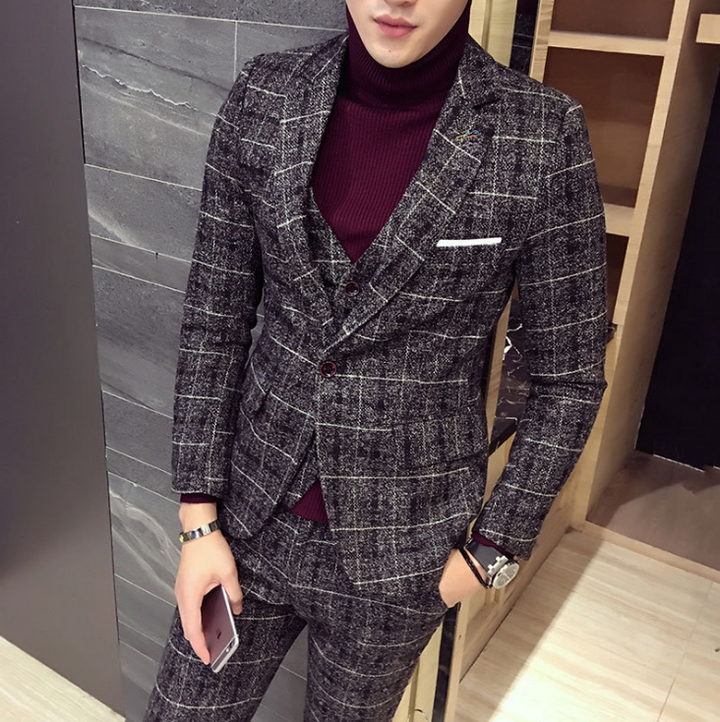 Autumn Winter British Latest Coat Pant Designs Blue Mens Suit Thick Slim Fit Plaid Wedding Dress Tuxedos 3 Piece Suits Men