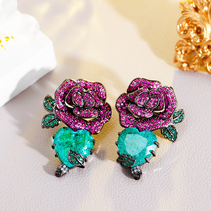 Black gun plated cubic zirconia red rose flower green heart leaf drop earrings jewelry