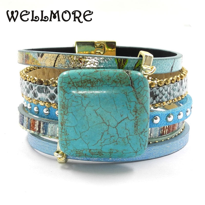 Blue leather bracelet stone charm magnet buckle