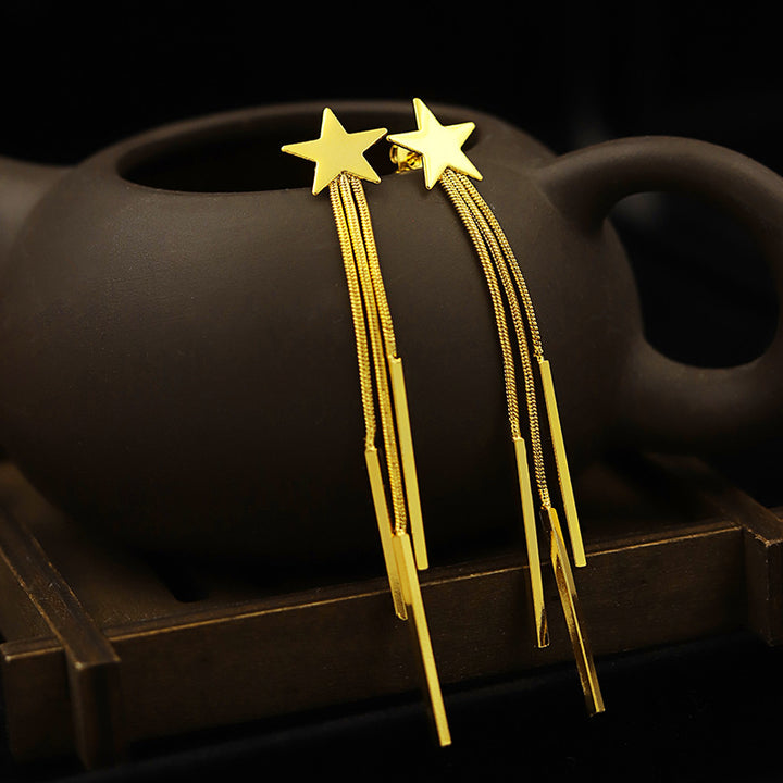 Fashion womens elegant tassels long stud earring 14k gold jewelry