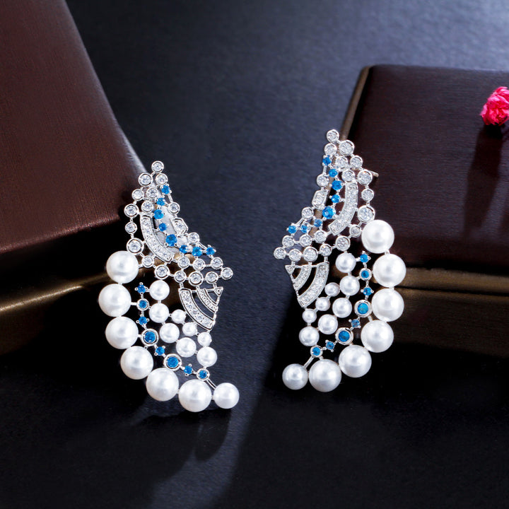 Elegant womens blue cubic zircon stone big pearl earrings jewelry accessories