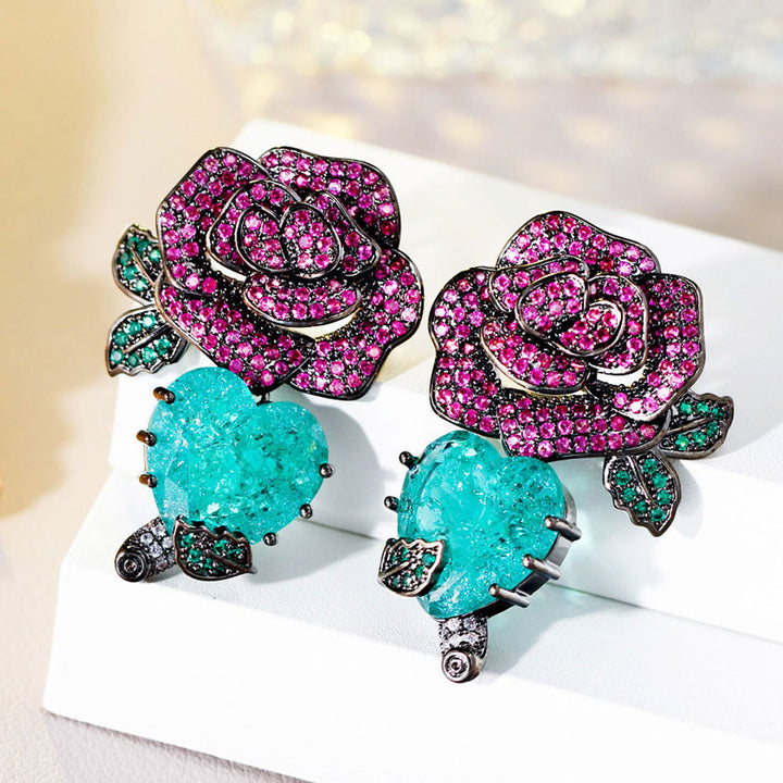 Black gun plated cubic zirconia red rose flower green heart leaf drop earrings jewelry