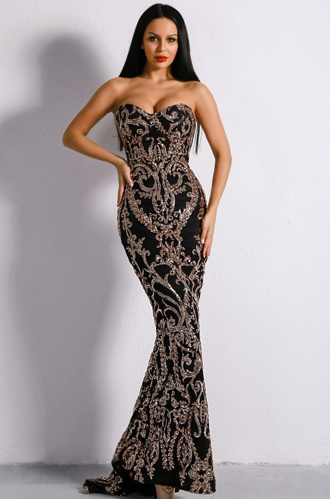 Black embellished sequin womens gown apparel