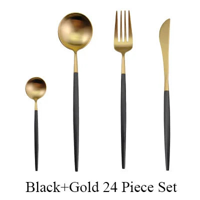 24 Pcs Matte 18/10 Stainless Steel Thick Black Gold Silver Cutlery Dinnerware Knives Spoon Fork Flatware Set Dishwasher Safe