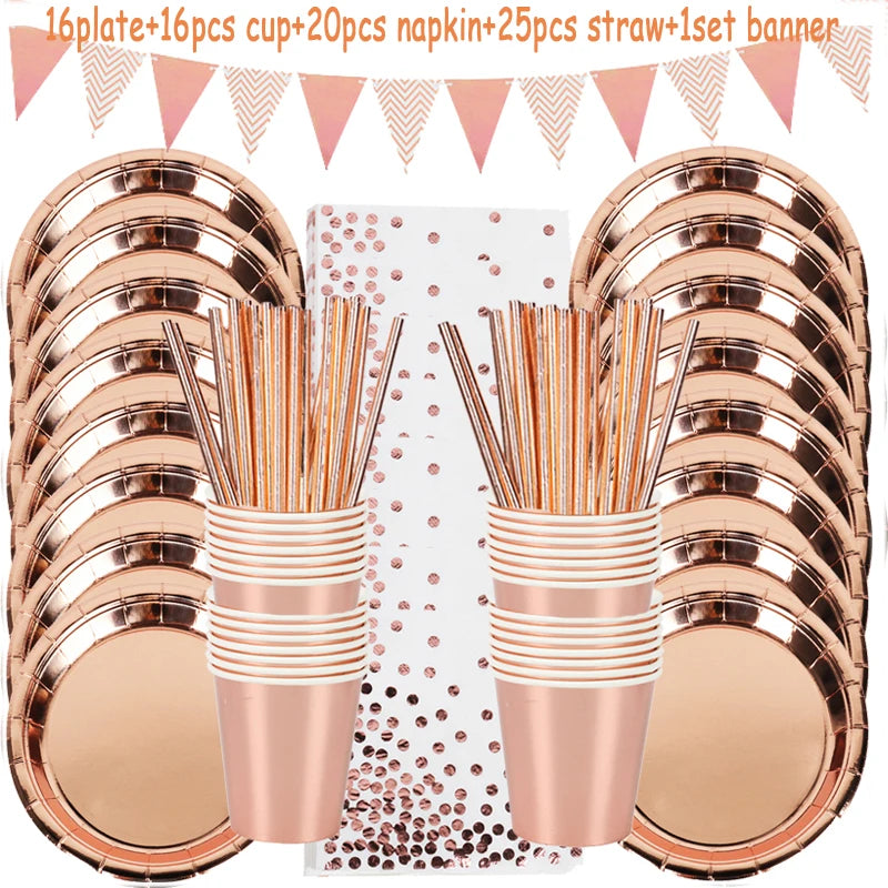 Rose Gold Printing Dot Disposable Tableware Birthday Party Baby Shower Set