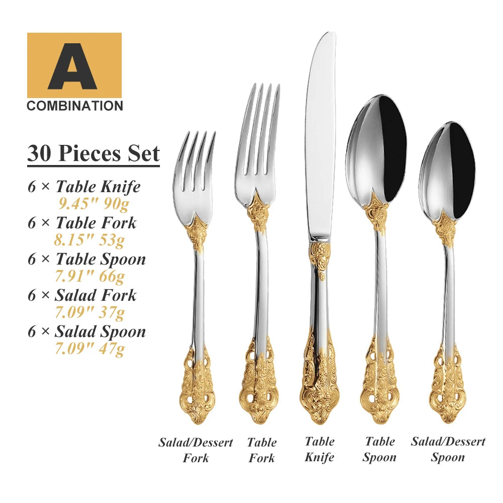 30-Pc Royal Vintage Black Rose Gold Plated Stainless Steel Cutlery Set Flatware