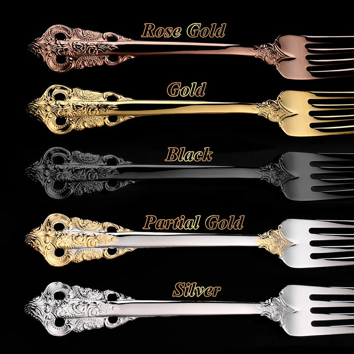 30-Pc Royal Vintage Black Rose Gold Plated Stainless Steel Cutlery Set Flatware