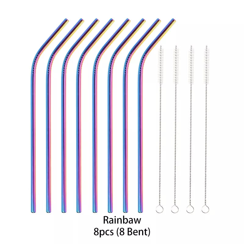 Metal Reusable 304 Stainless Steel Flexible Drinking Straw With Cleaning Brush