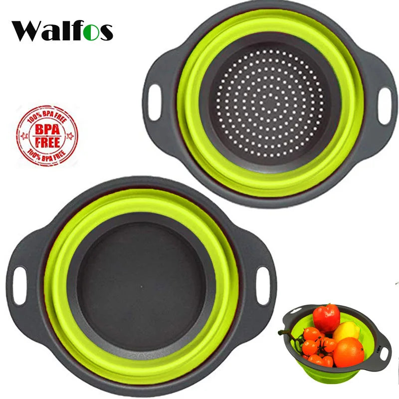 WALFOS 2 Pieces Foldable Silicone Collapsible Kitchen Colander Kitchen Tools Fruit Vegetable Strainer Drainer Washing Basket