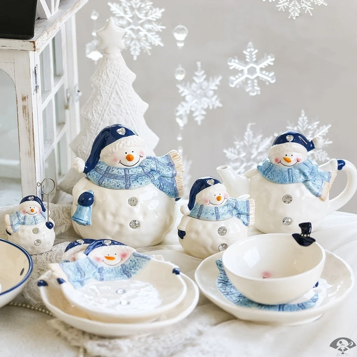 Dessert Plate Snacks Dishes Cute Cartoon Ceramic Bowl Snowma Teapot Sets