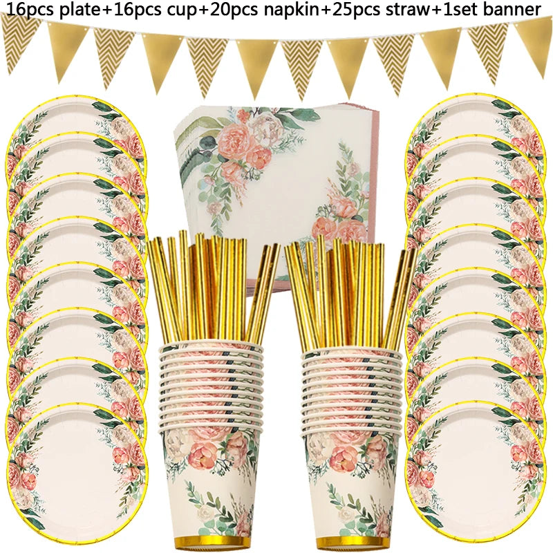 Rose Gold Printing Dot Disposable Tableware Birthday Party Baby Shower Set