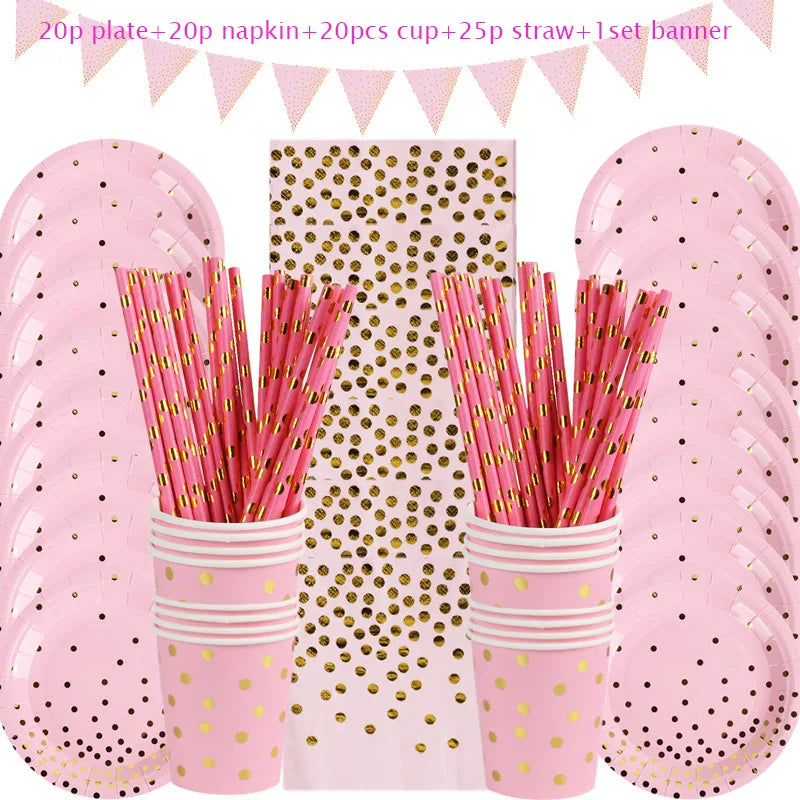 Rose Gold Printing Dot Disposable Tableware Birthday Party Baby Shower Set