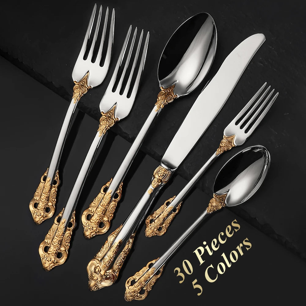30-Pc Royal Vintage Black Rose Gold Plated Stainless Steel Cutlery Set Flatware