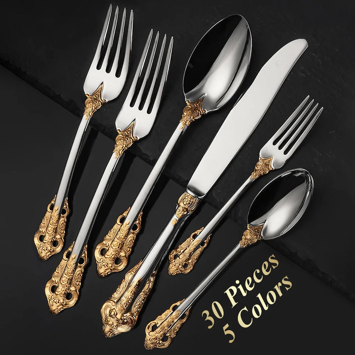 30-Pc Royal Vintage Black Rose Gold Plated Stainless Steel Cutlery Set Flatware