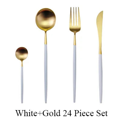 24 Pcs Matte 18/10 Stainless Steel Thick Black Gold Silver Cutlery Dinnerware Knives Spoon Fork Flatware Set Dishwasher Safe