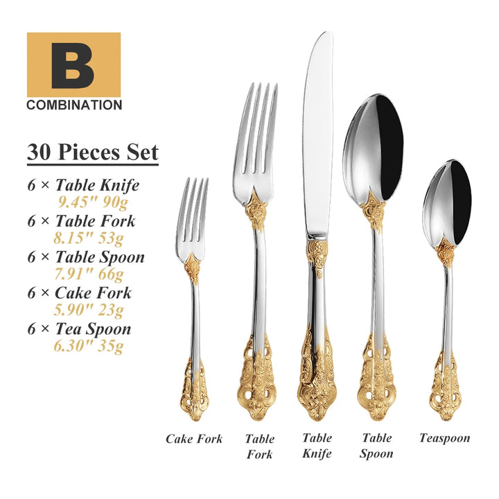 30-Pc Royal Vintage Black Rose Gold Plated Stainless Steel Cutlery Set Flatware