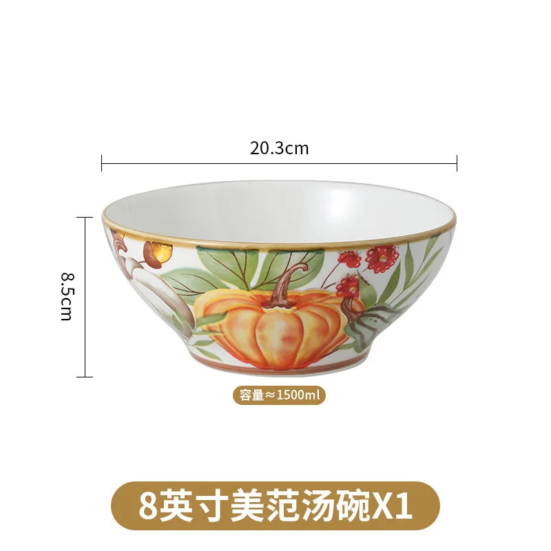 1PC Pumpkin Soup Bowl Ceramic Dishes Double Ear Baking Circular Plate Set