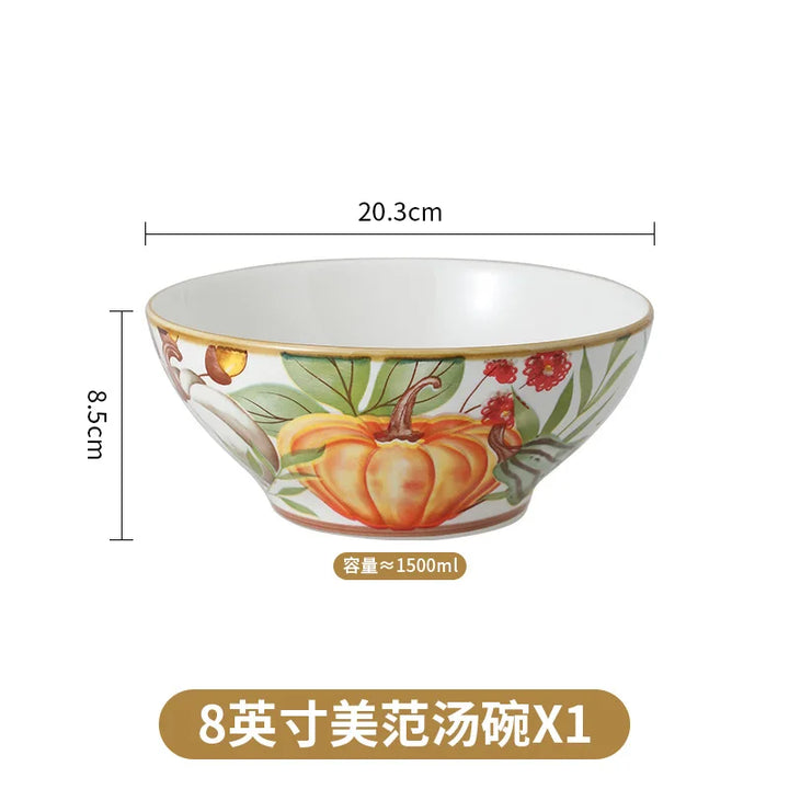 1PC Pumpkin Soup Bowl Ceramic Dishes Double Ear Baking Circular Plate Set