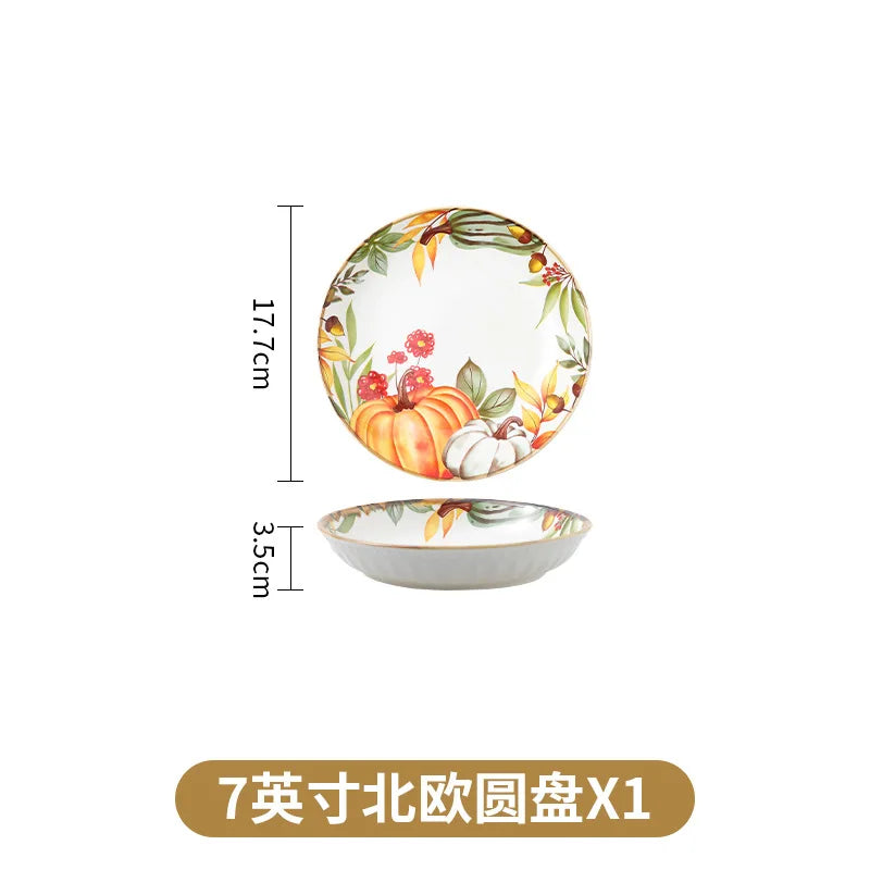 1PC Pumpkin Soup Bowl Ceramic Dishes Double Ear Baking Circular Plate Set