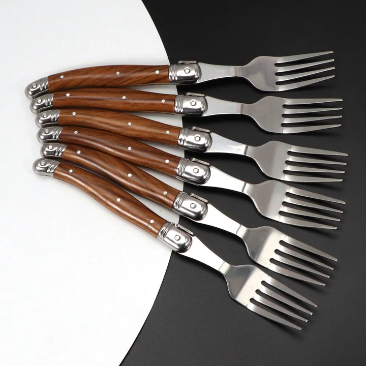 6Piece Wood Grain Handle Steak Knife Fork Set Stainless Steel Cutlery Utensils