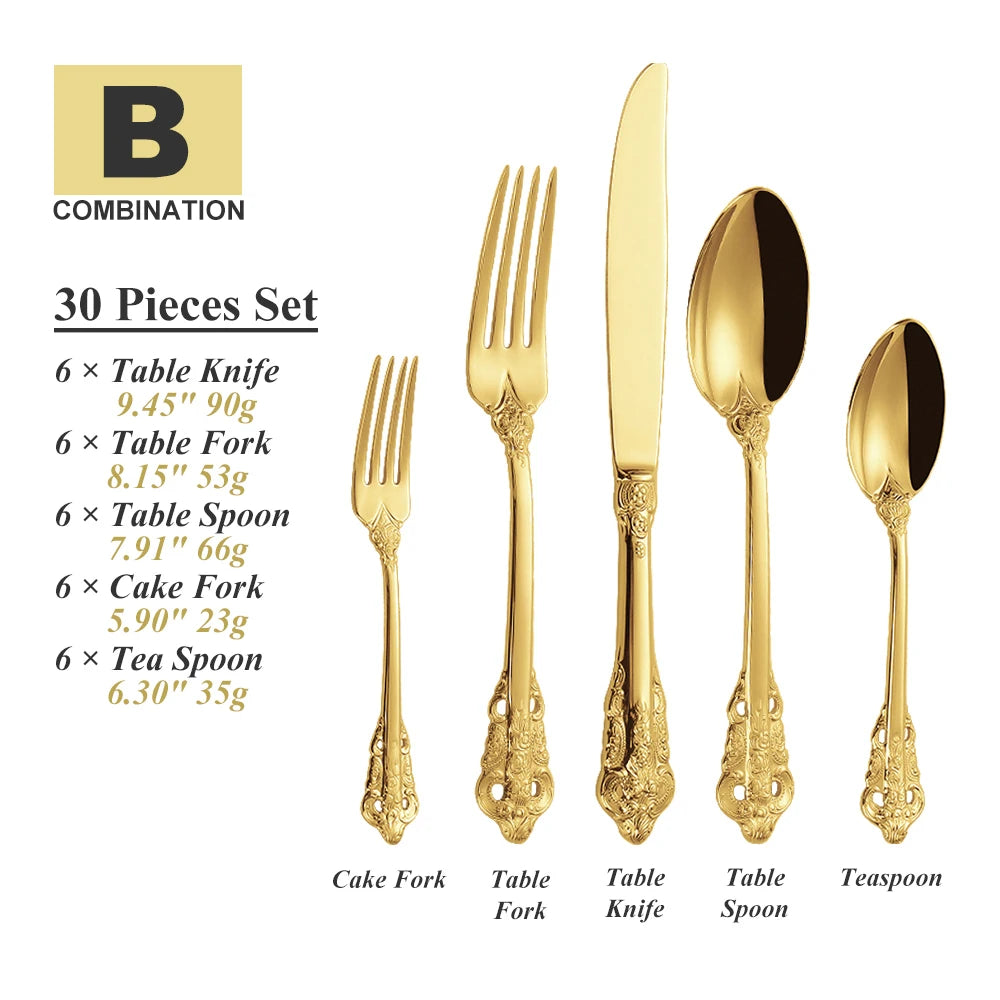 30-Pc Royal Vintage Black Rose Gold Plated Stainless Steel Cutlery Set Flatware