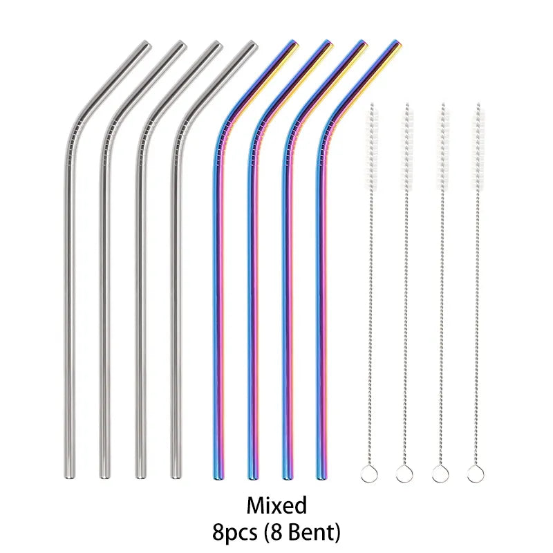 Metal Reusable 304 Stainless Steel Flexible Drinking Straw With Cleaning Brush