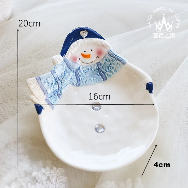 Dessert Plate Snacks Dishes Cute Cartoon Ceramic Bowl Snowma Teapot Sets