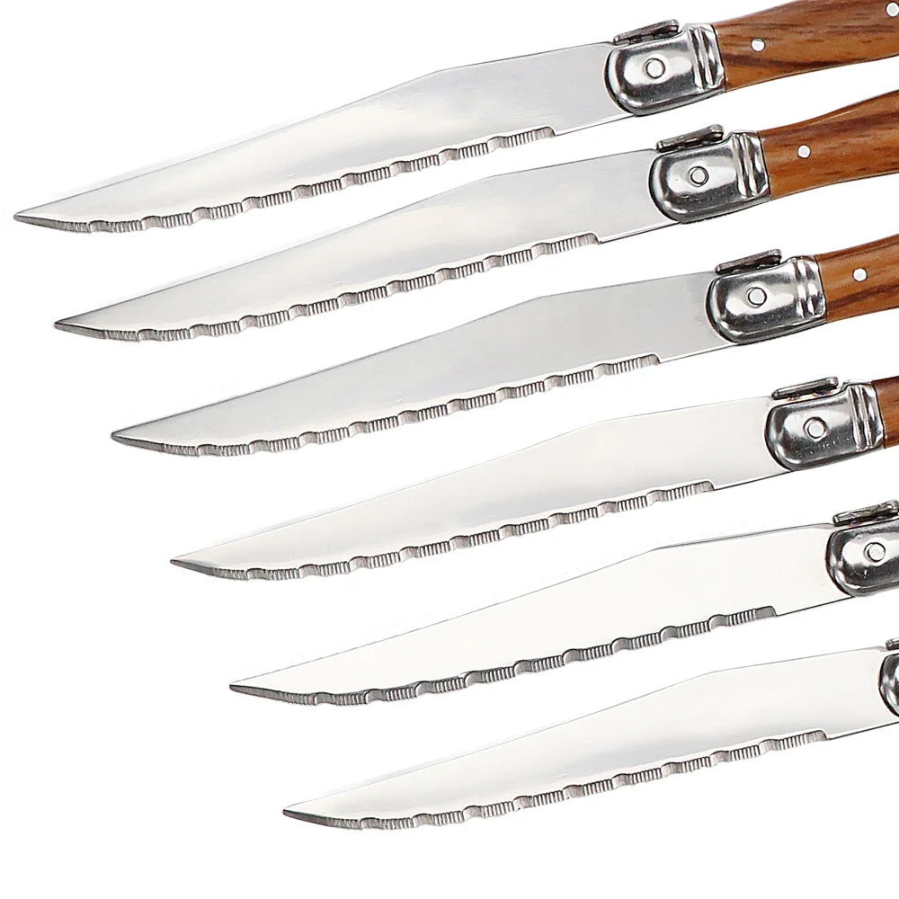 6Piece Wood Grain Handle Steak Knife Fork Set Stainless Steel Cutlery Utensils