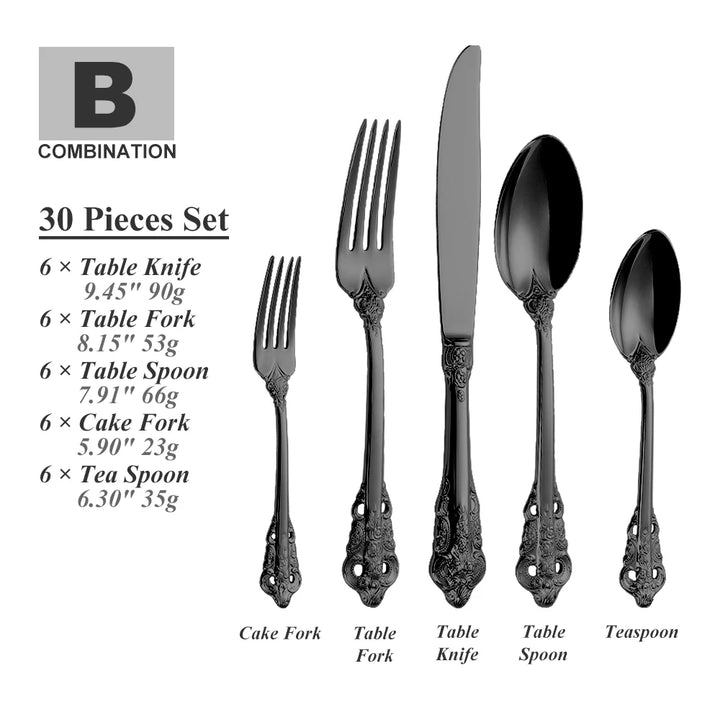 30-Pc Royal Vintage Black Rose Gold Plated Stainless Steel Cutlery Set Flatware