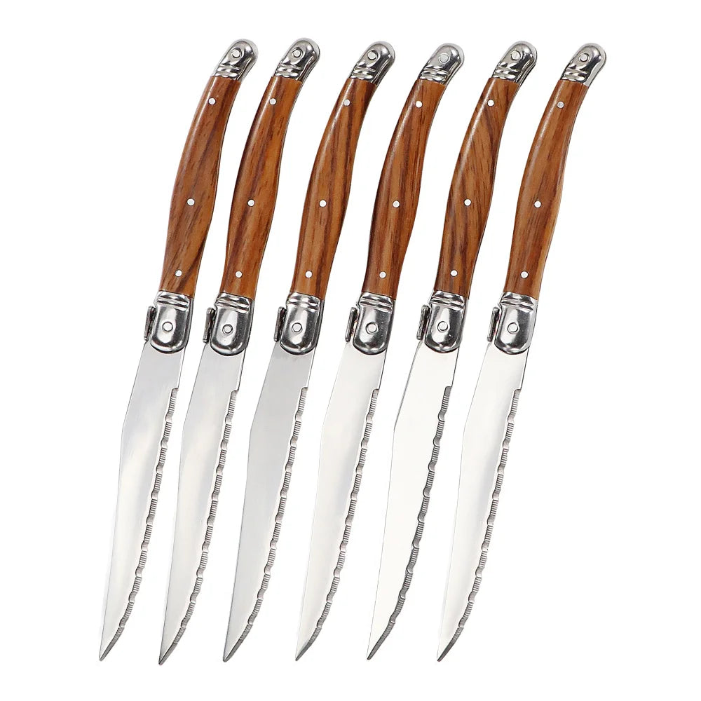 6Piece Wood Grain Handle Steak Knife Fork Set Stainless Steel Cutlery Utensils
