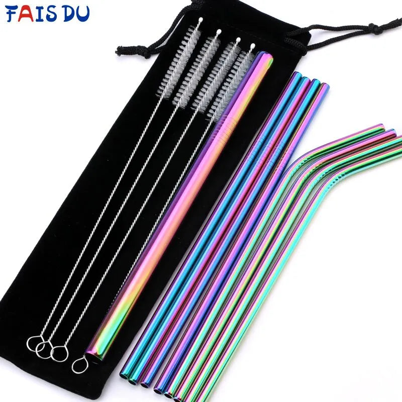 Metal Reusable 304 Stainless Steel Flexible Drinking Straw With Cleaning Brush