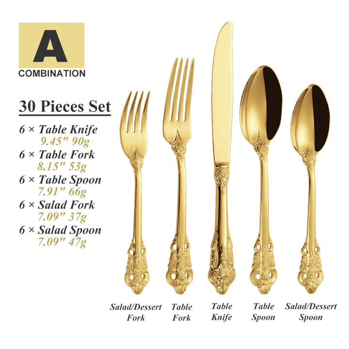30-Pc Royal Vintage Black Rose Gold Plated Stainless Steel Cutlery Set Flatware