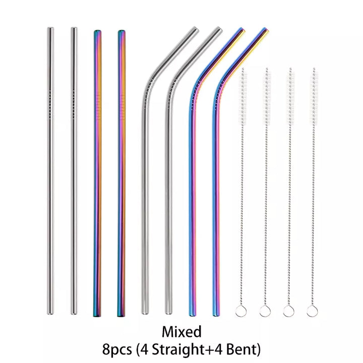 Metal Reusable 304 Stainless Steel Flexible Drinking Straw With Cleaning Brush