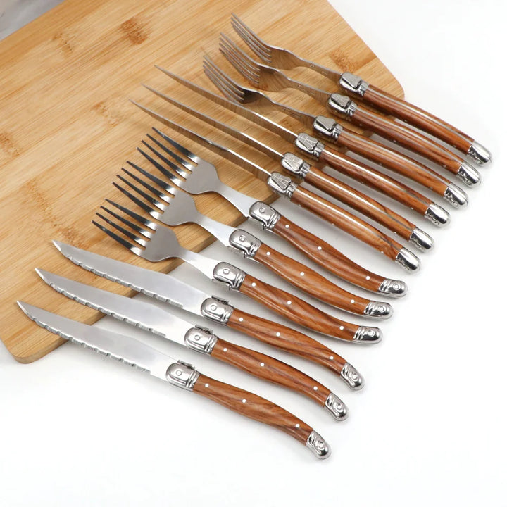 6Piece Wood Grain Handle Steak Knife Fork Set Stainless Steel Cutlery Utensils