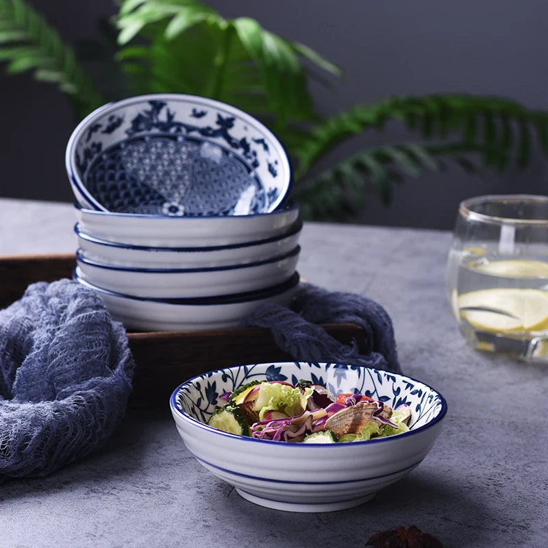 Salad Rice Bowls Ceramic Classical Blue and White Kitchen Tableware