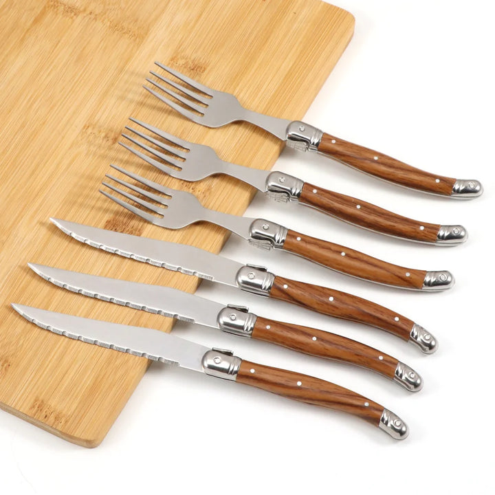 6Piece Wood Grain Handle Steak Knife Fork Set Stainless Steel Cutlery Utensils