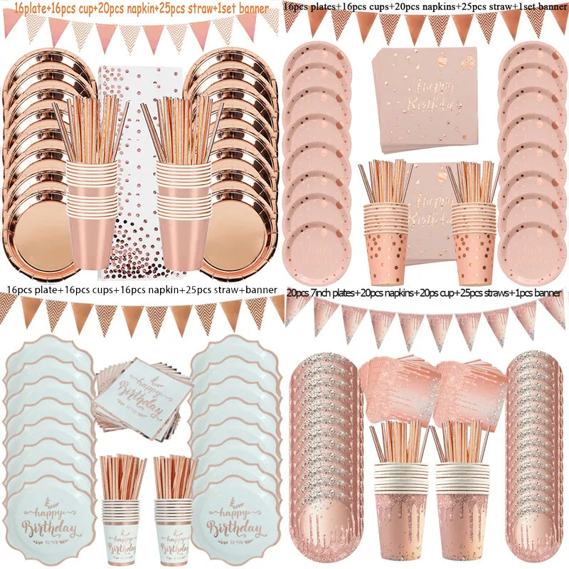 Rose Gold Printing Dot Disposable Tableware Birthday Party Baby Shower Set