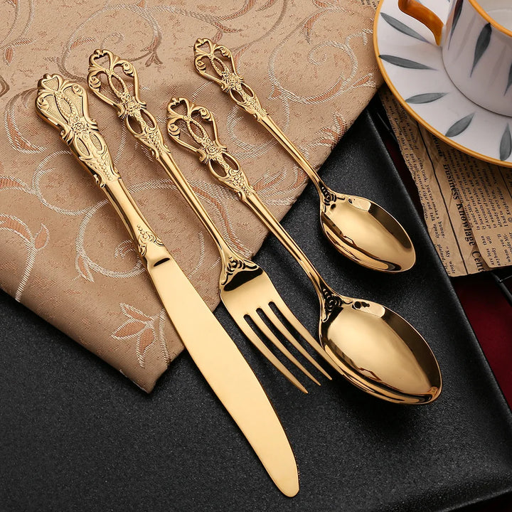 24pcs Luxury Golden Stainless Steel Gold Cutlery  Luxury Wood Gift Box 16Pcs