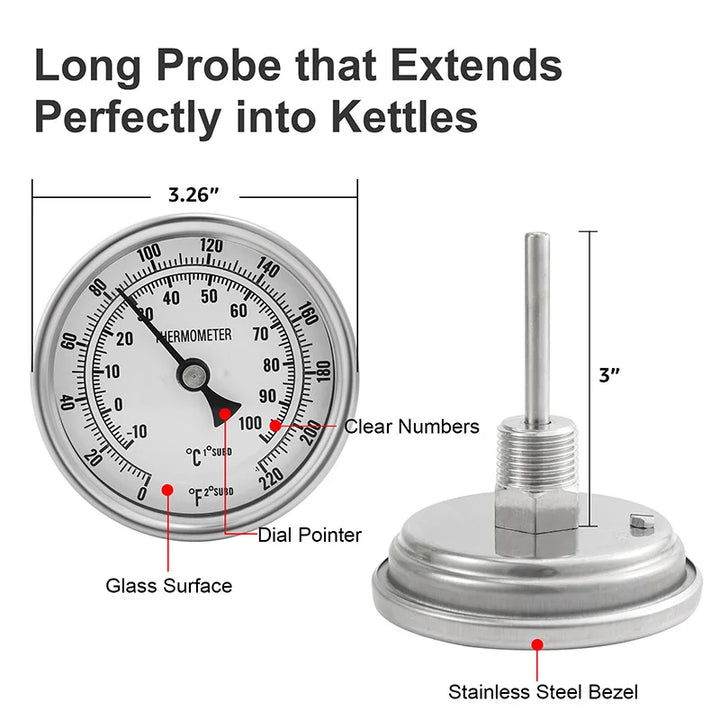 Weldless Bi-Metal Beer Brewing Thermometer Kit, 3"Face & 2"Probe, 0~220F Degreel