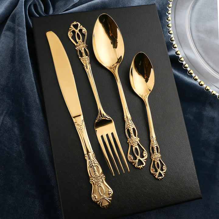 24pcs Luxury Golden Stainless Steel Gold Cutlery  Luxury Wood Gift Box 16Pcs