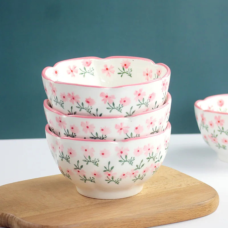 Floral Print Ceramic Rice Bowl Flower Style Ramen Kitchenware