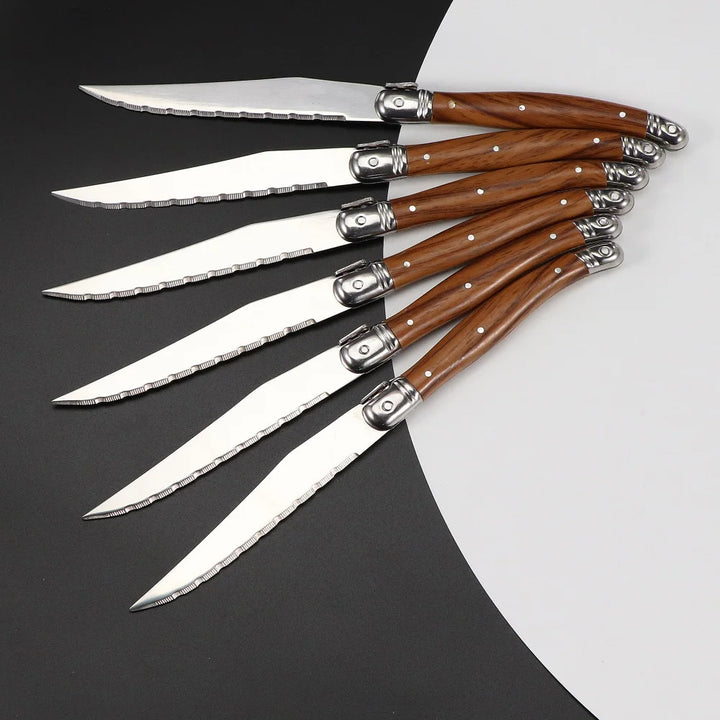 6Piece Wood Grain Handle Steak Knife Fork Set Stainless Steel Cutlery Utensils