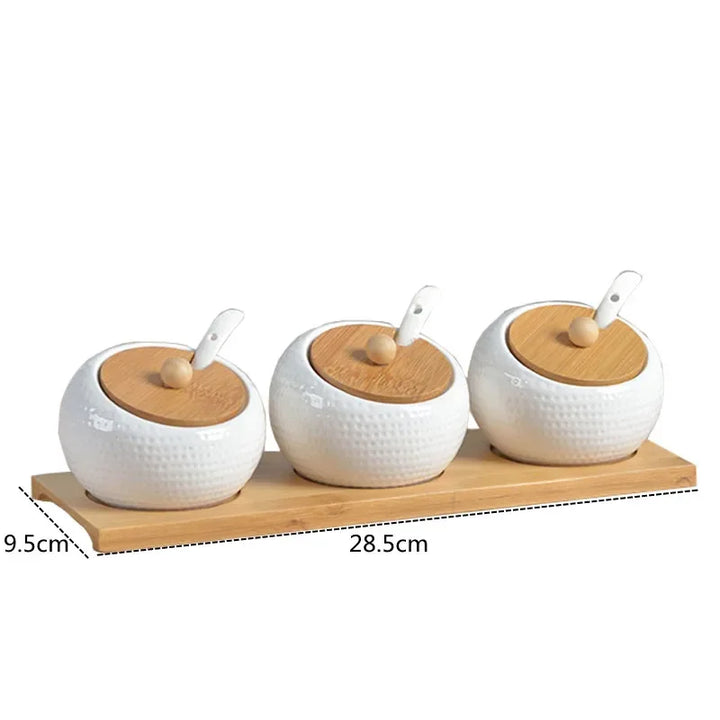 3 Pc Kitchen Ceramic Seasoning Pot Pepper Salt Glass Cruet Bamboo Rack Trayl