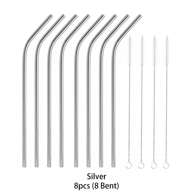 Metal Reusable 304 Stainless Steel Flexible Drinking Straw With Cleaning Brush