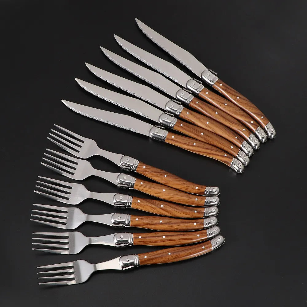 6Piece Wood Grain Handle Steak Knife Fork Set Stainless Steel Cutlery Utensils