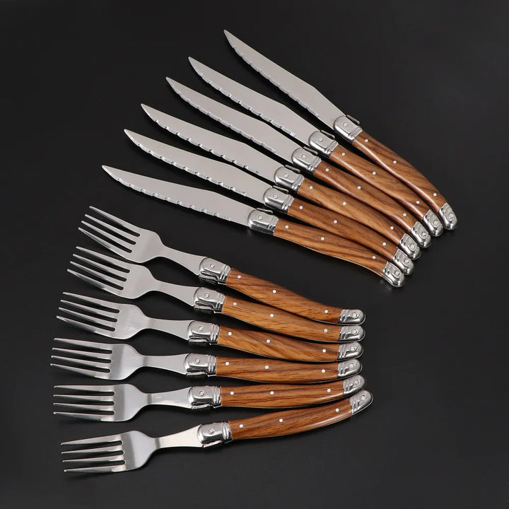 6Piece Wood Grain Handle Steak Knife Fork Set Stainless Steel Cutlery Utensils
