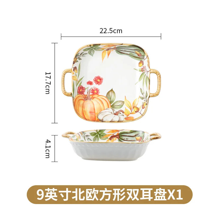 1PC Pumpkin Soup Bowl Ceramic Dishes Double Ear Baking Circular Plate Set